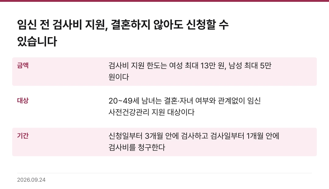 임신 전 검사비 지원, 결혼하지 않아도 신청할 수 있습니다 핵심 기준 요약표