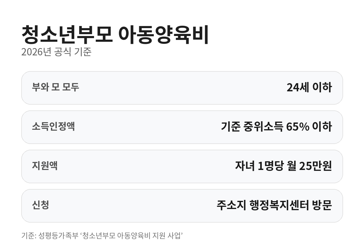 2026년 청소년부모 아동양육비의 부모 연령, 소득인정액, 월 25만원 지원액과 주민센터 방문 신청 조건