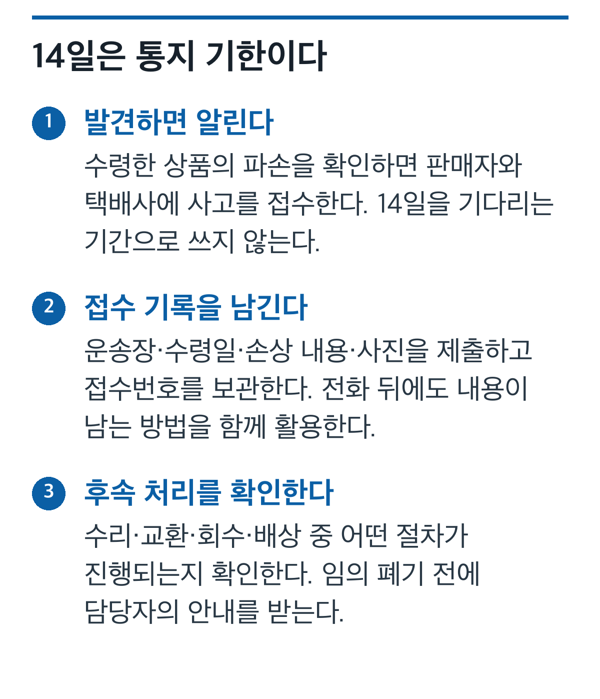 택배 손상 발견 후 14일 이내 통지하고 접수 증거와 후속 처리를 남기는 절차도