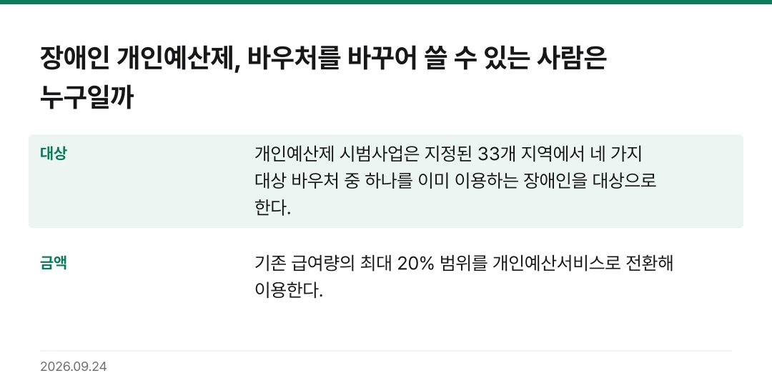 장애인 개인예산제, 바우처를 바꾸어 쓸 수 있는 사람은 누구일까 핵심 기준 요약표