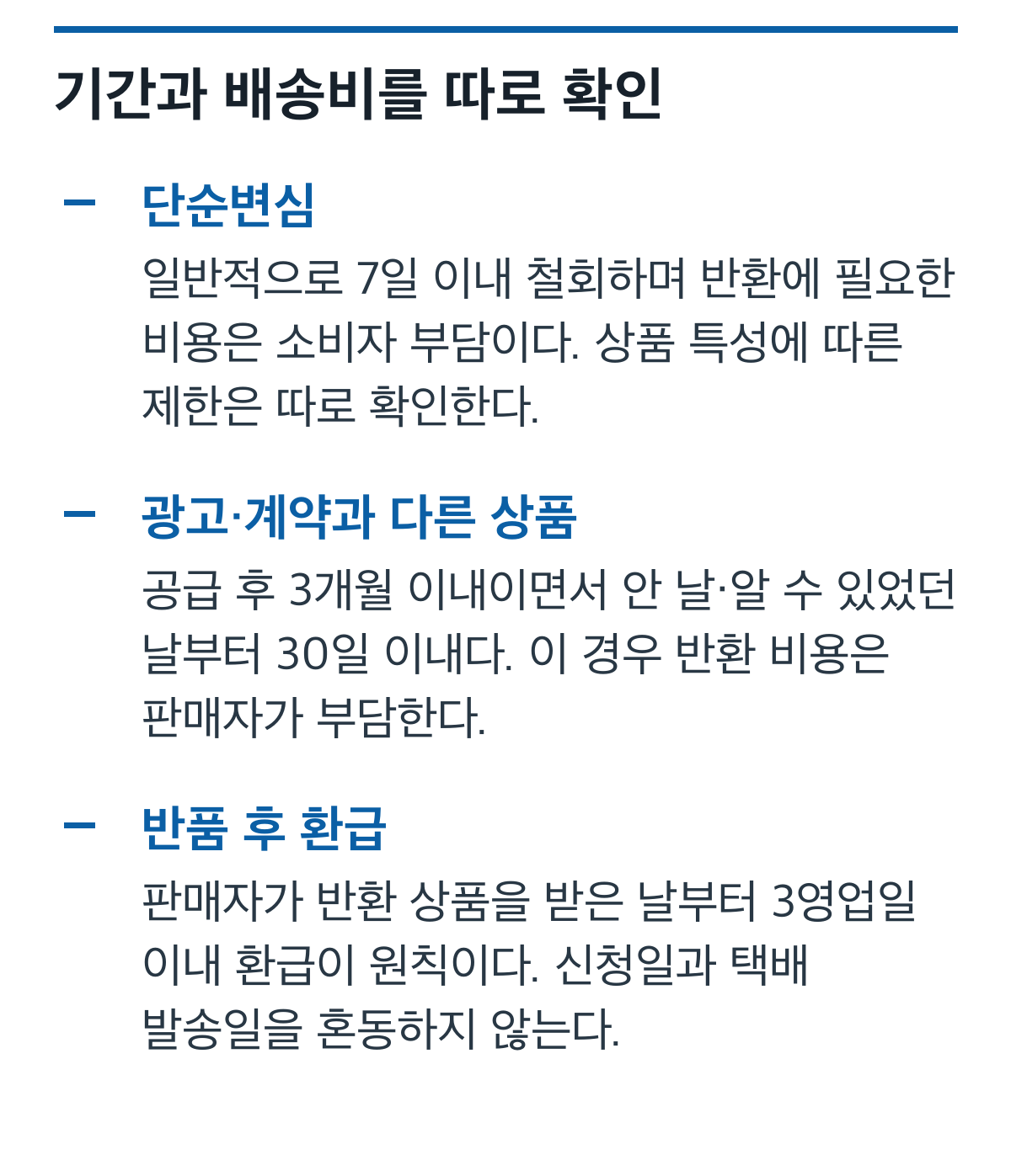 단순변심과 계약 불일치 반품의 기간·배송비 및 판매자 수령 후 환급 기한을 비교한 카드