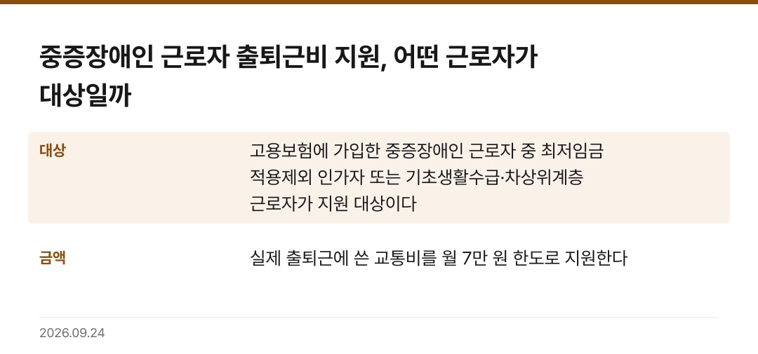 중증장애인 근로자 출퇴근비 지원, 어떤 근로자가 대상일까 핵심 기준 요약표