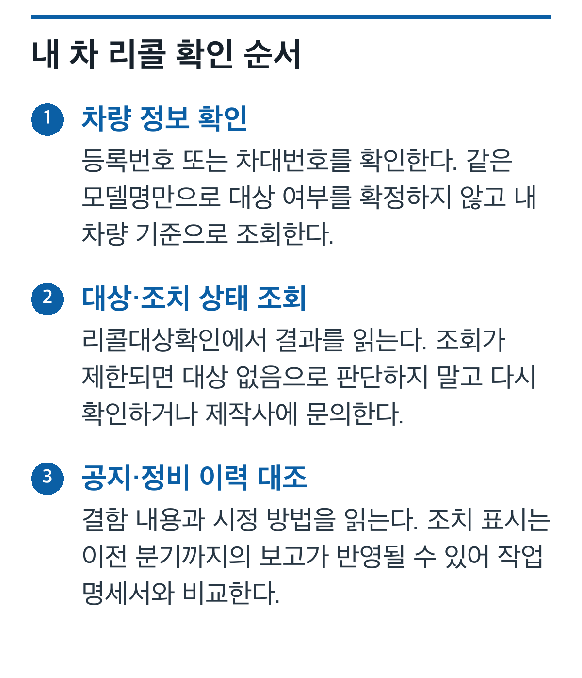 차량번호·차대번호 확인, 대상 조회, 공지와 작업 이력 대조로 구성한 자동차 리콜 확인 절차도
