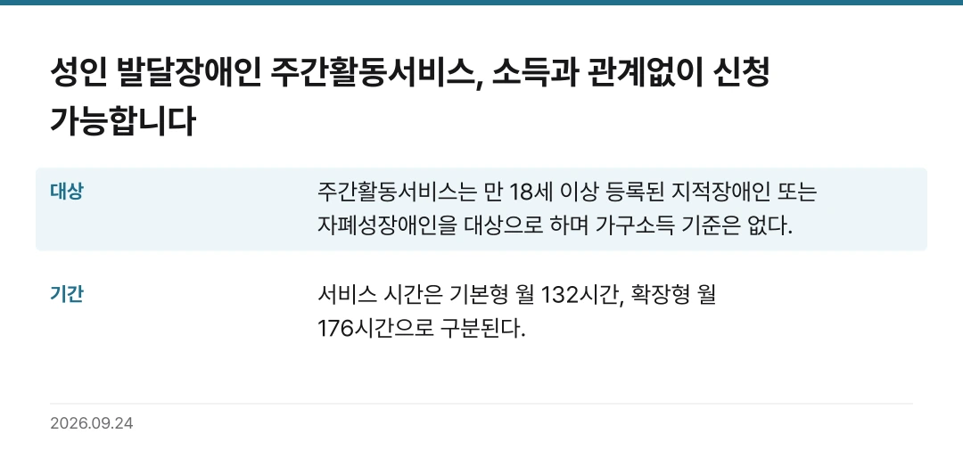 성인 발달장애인 주간활동서비스, 소득과 관계없이 신청 가능합니다 핵심 기준 요약표