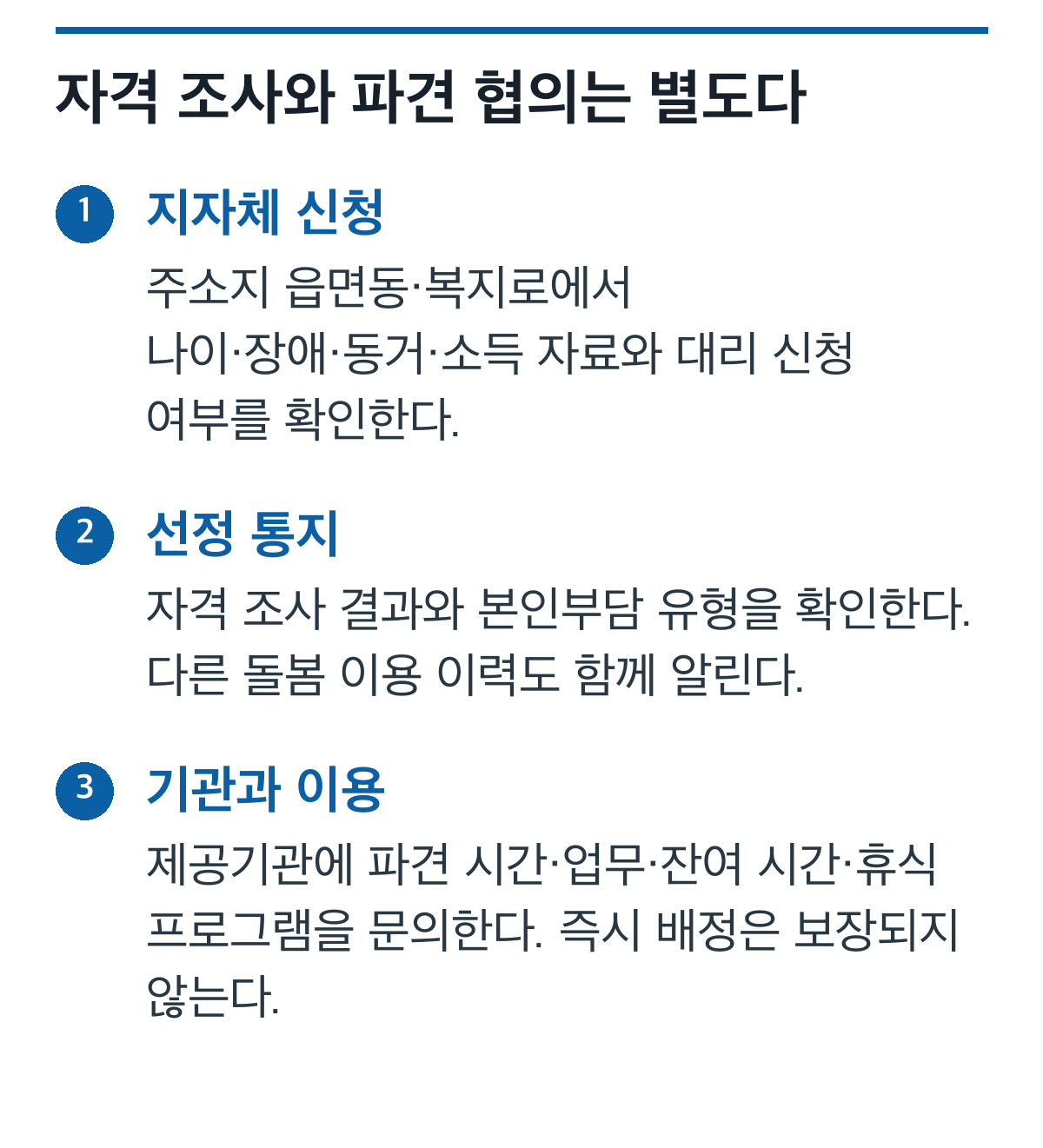 읍면동 신청과 자격 조사, 선정 통지, 제공기관 돌보미 이용 협의 순서