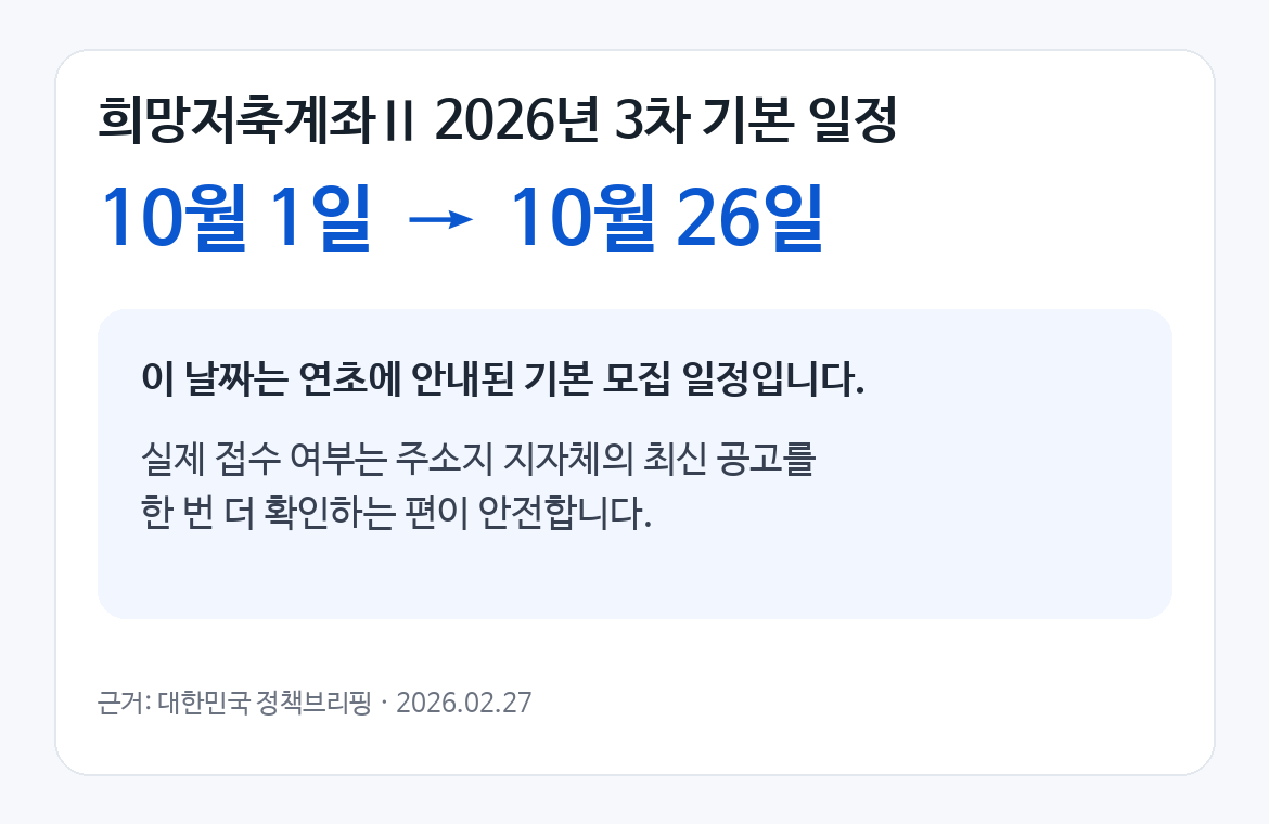 2026년 희망저축계좌Ⅱ 3차 기본 모집 일정이 10월 1일부터 10월 26일까지임을 보여주는 안내 카드