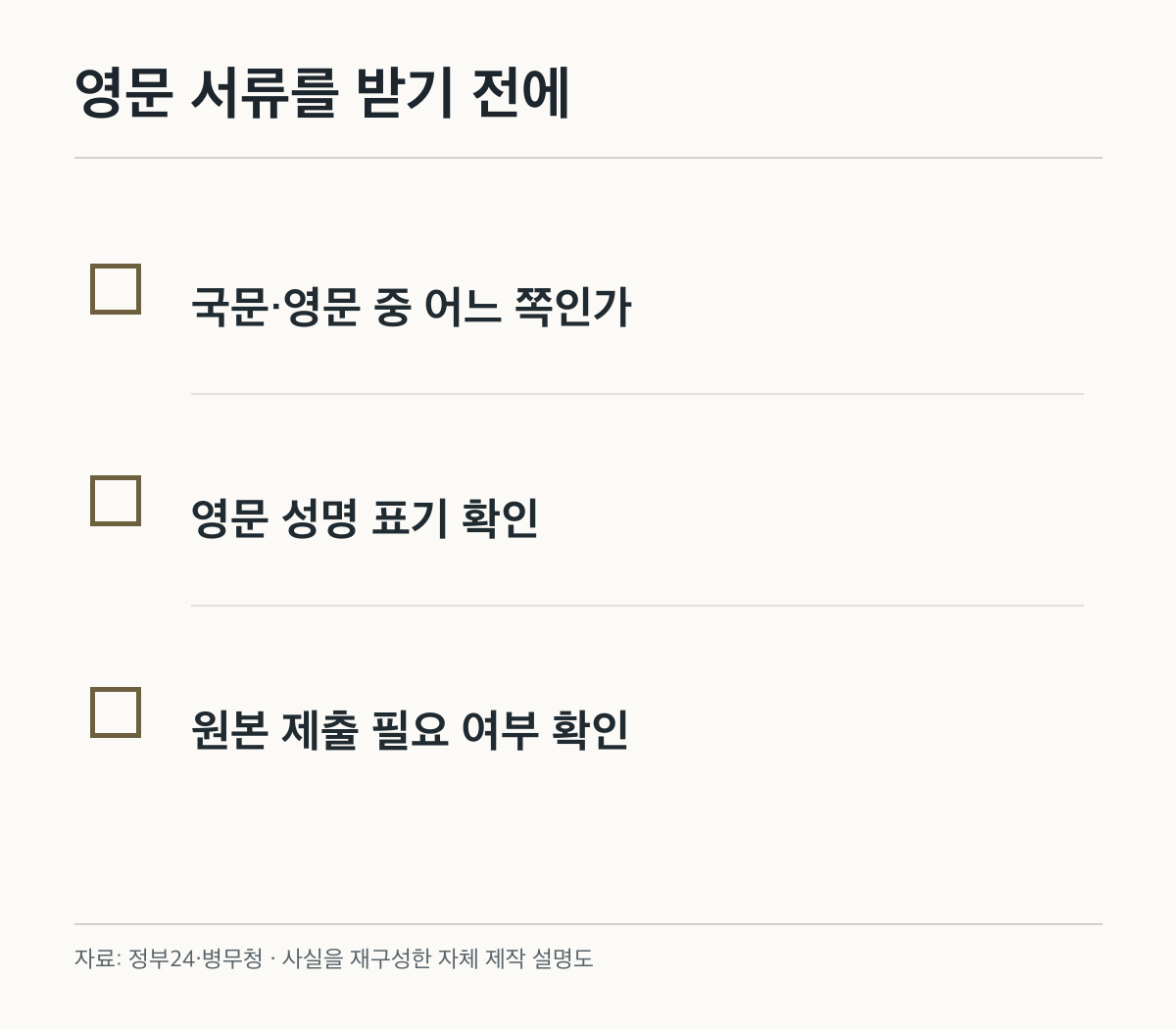 영문 서류를 받기 전에: 국문·영문 중 어느 쪽인가; 영문 성명 표기 확인; 원본 제출 필요 여부 확인. 공식 화면이나 제품 사진이 아닌 자체 제작 설명도