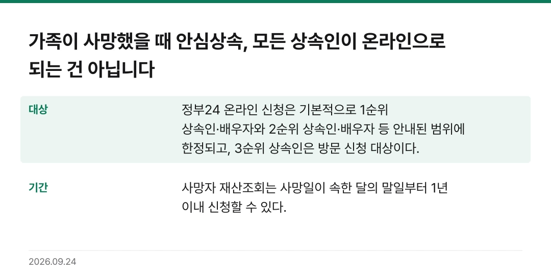 가족이 사망했을 때 안심상속, 모든 상속인이 온라인으로 되는 건 아닙니다 핵심 기준 요약표