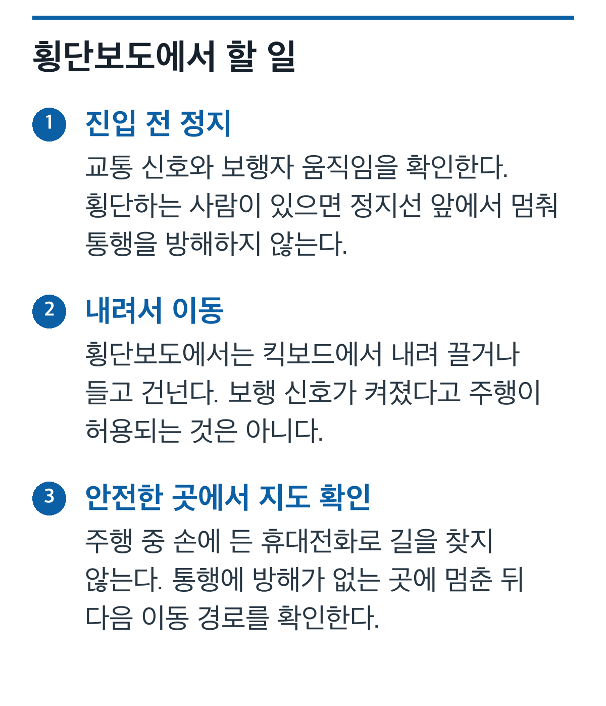 전동킥보드로 횡단보도 접근 시 정지하고 하차해 건너며 지도는 안전한 정지 상태에서 확인하는 절차도