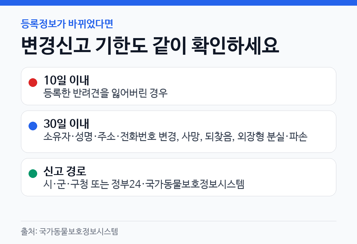 반려견 분실은 10일 이내, 소유자·주소·전화번호 변경과 사망·되찾음·외장형 식별장치 분실 또는 파손은 30일 이내 변경신고하는 기준