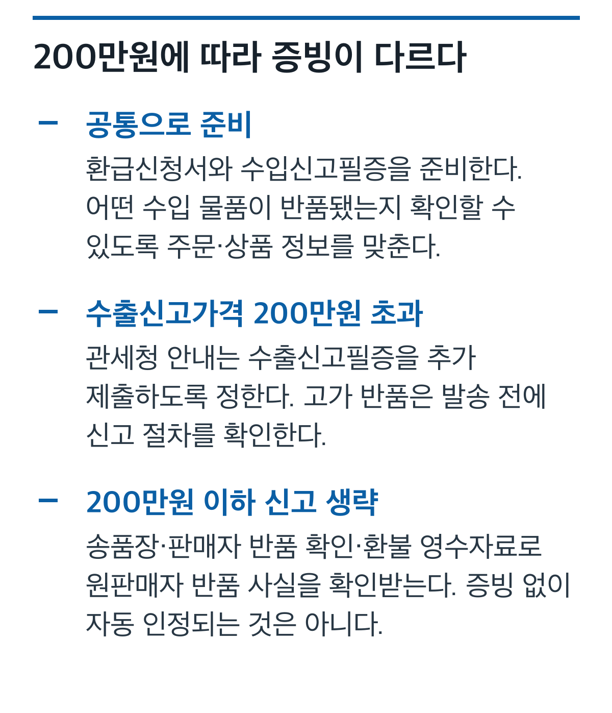 수출신고가격 200만원 초과와 이하 신고 생략 반품에 필요한 관세 환급 서류를 비교한 카드