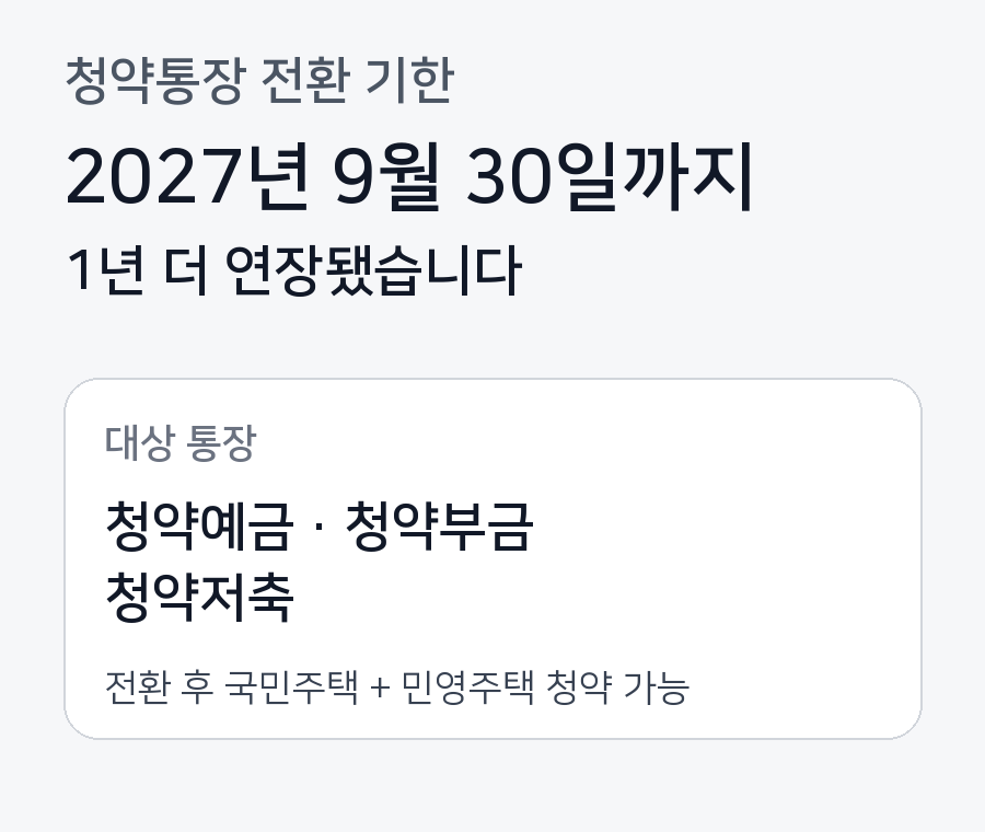 청약예금·부금·저축의 주택청약종합저축 전환 기한이 2027년 9월 30일까지 연장됐음을 보여주는 정보카드