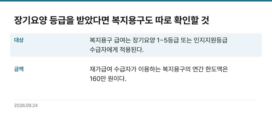 장기요양 등급을 받았다면 복지용구도 따로 확인할 것 핵심 기준 요약표