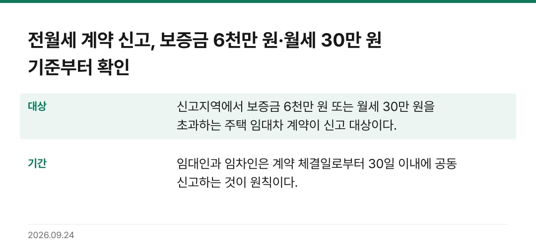 전월세 계약 신고, 보증금 6천만 원·월세 30만 원 기준부터 확인 핵심 기준 요약표