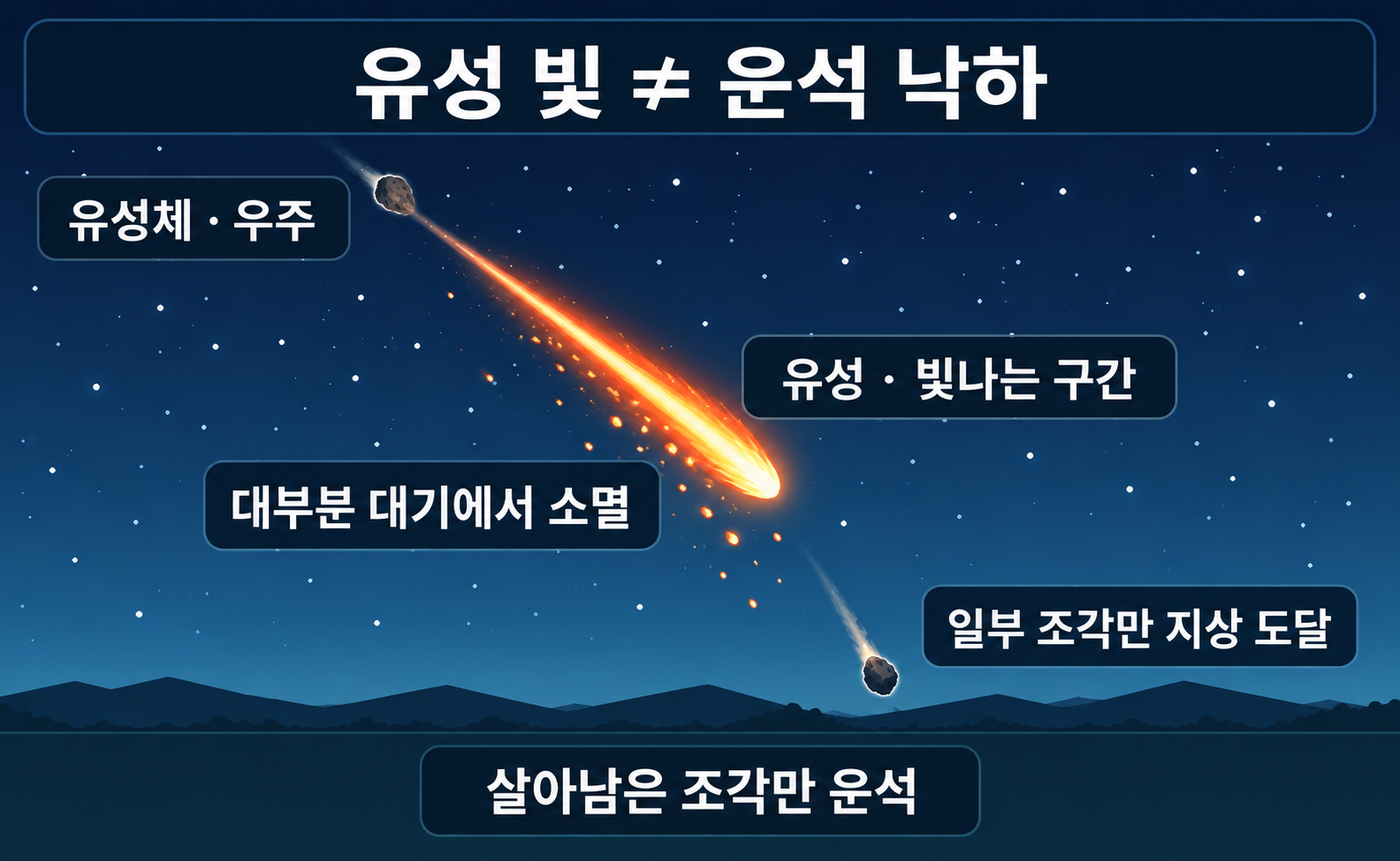 유성체가 대기에서 밝게 빛나고 대부분 사라지거나 일부가 지상까지 가는 과정