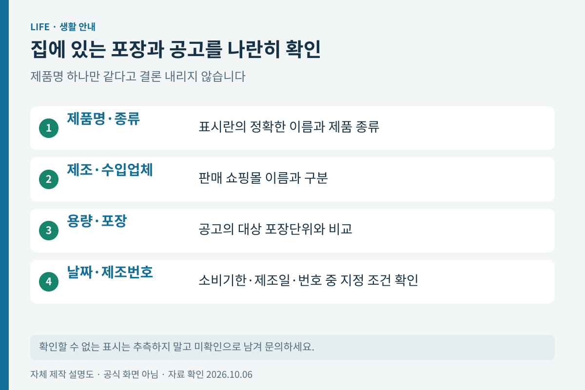 보유 제품과 회수 공지에서 비교할 네 가지 식별 정보
