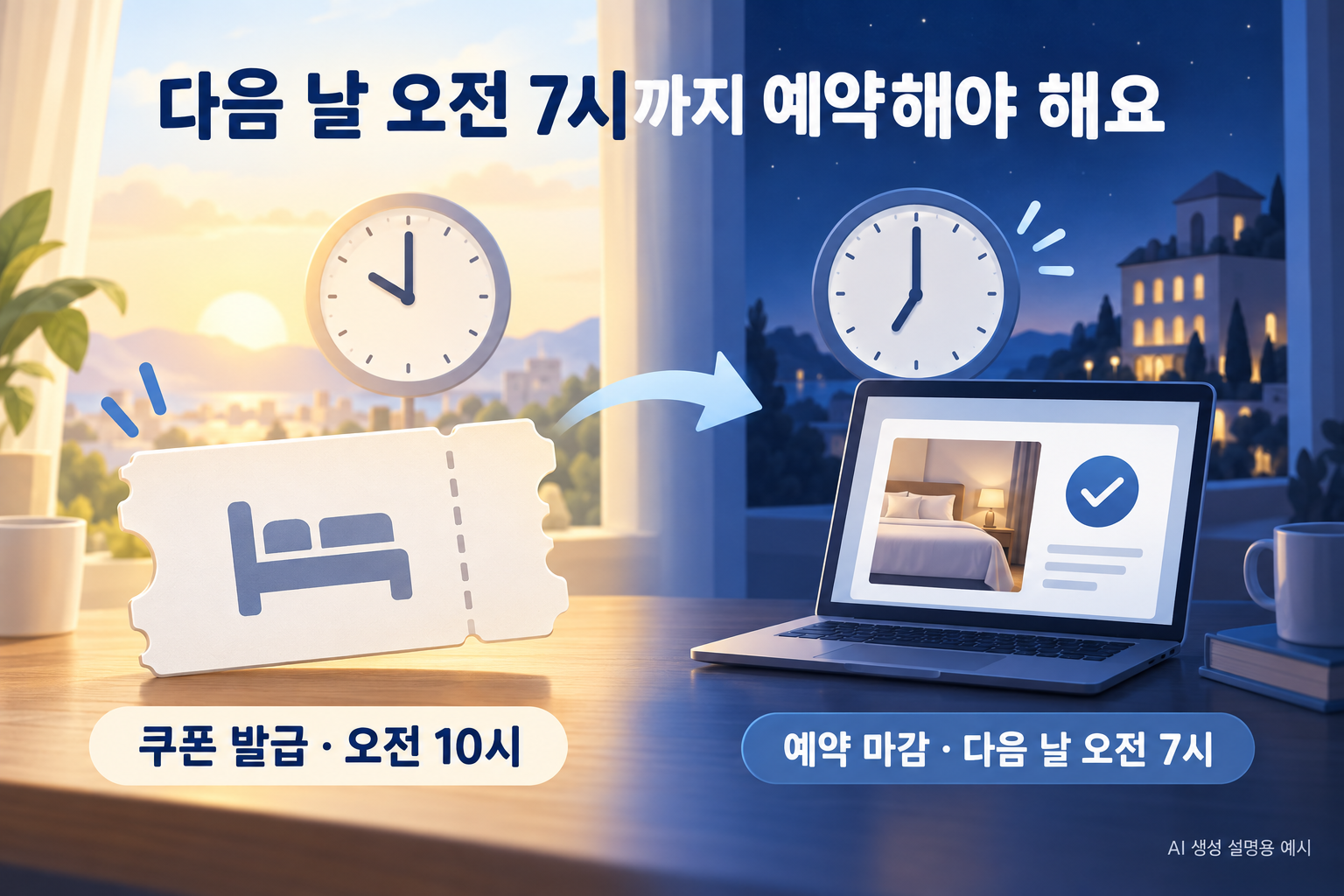 오전 10시 쿠폰 발급과 다음 날 오전 7시 예약 마감의 시간 관계를 설명한 AI 생성 예시