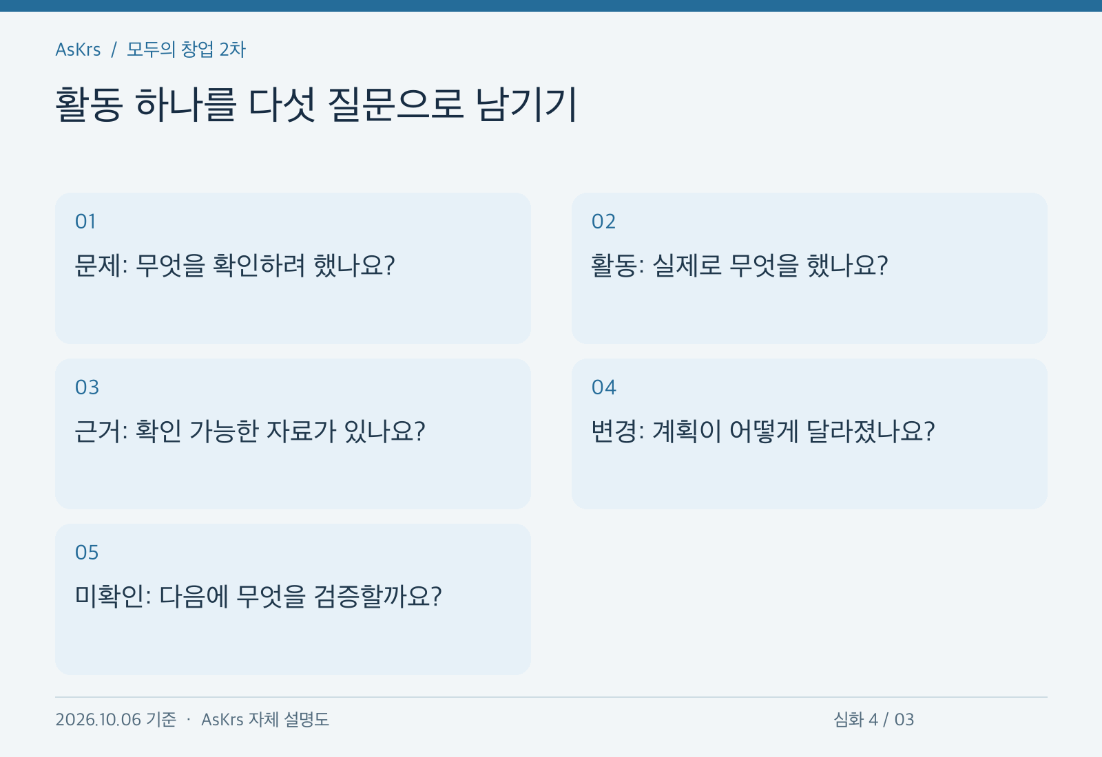 문제활동근거변경미확인의다섯질문으로멘토링과검증활동을정리하는자체기록예시