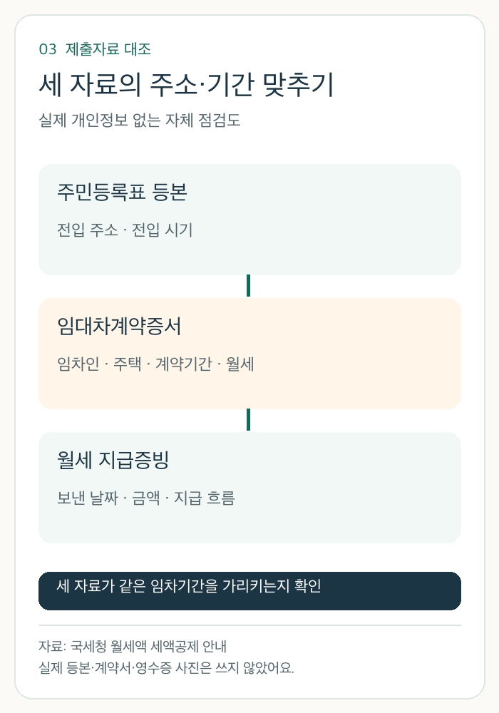 주민등록표 등본의 전입 주소와 시기, 임대차계약서의 임차인과 월세, 지급증빙의 날짜와 금액을 대조하는 자체 도식