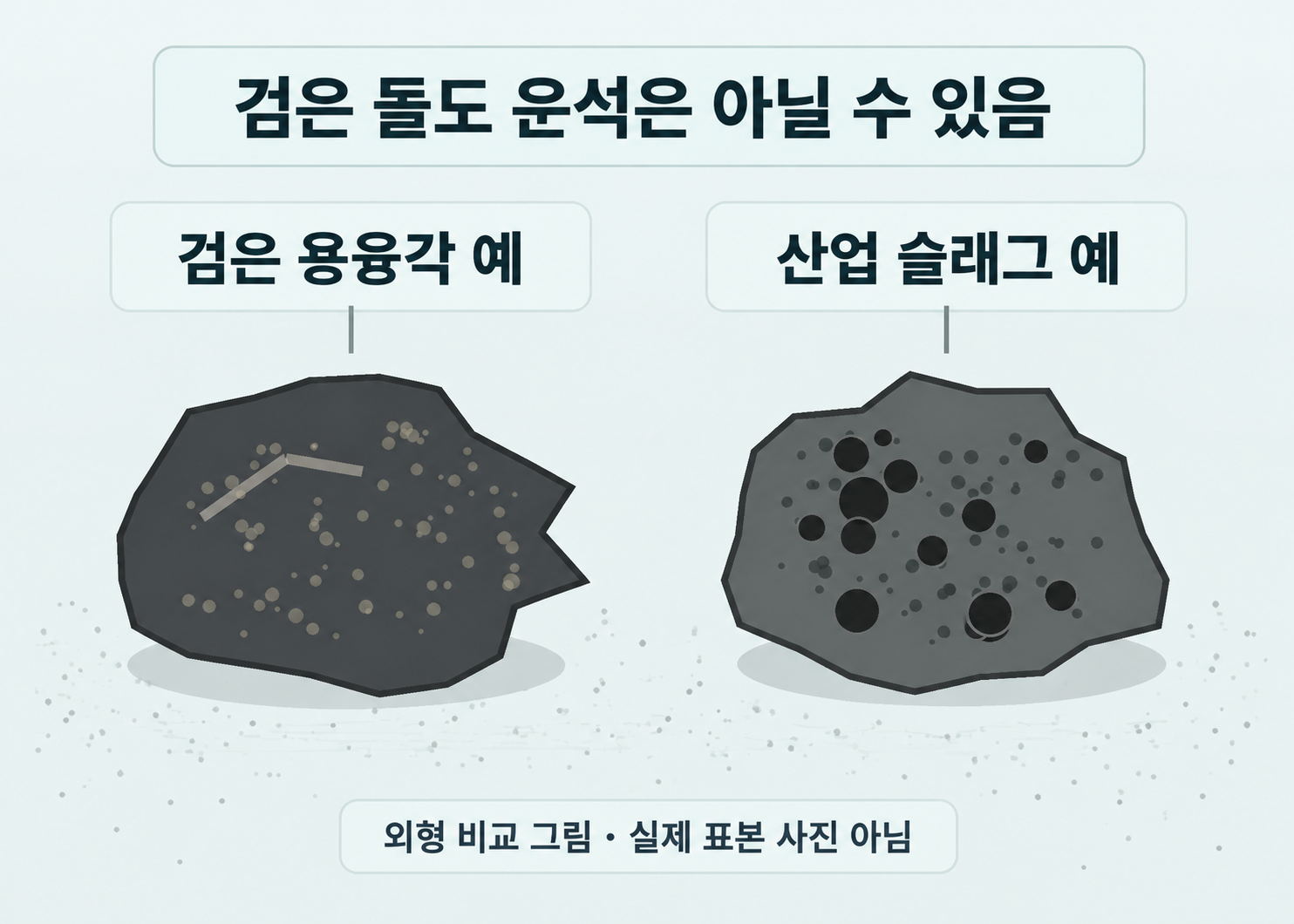 매끈하고 어두운 운석 유사 외형과 기공이 있는 산업 슬래그 유사 외형의 차이