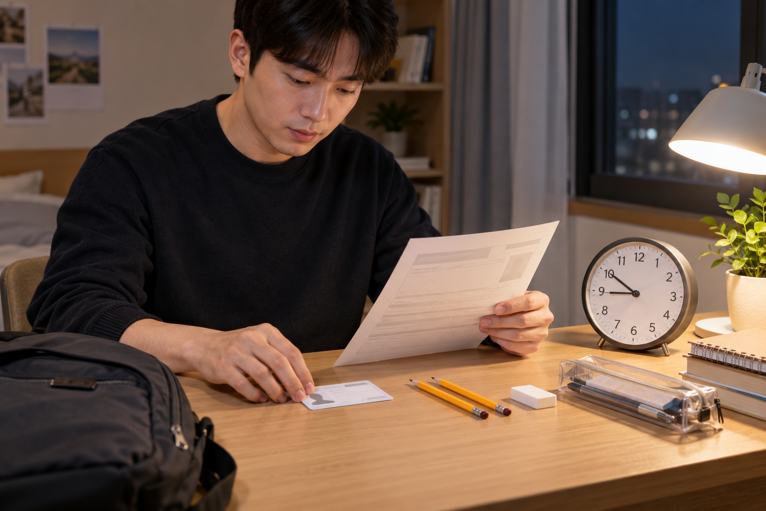 시험 전날 책상에서 접수정보와 준비물을 점검하는 장면