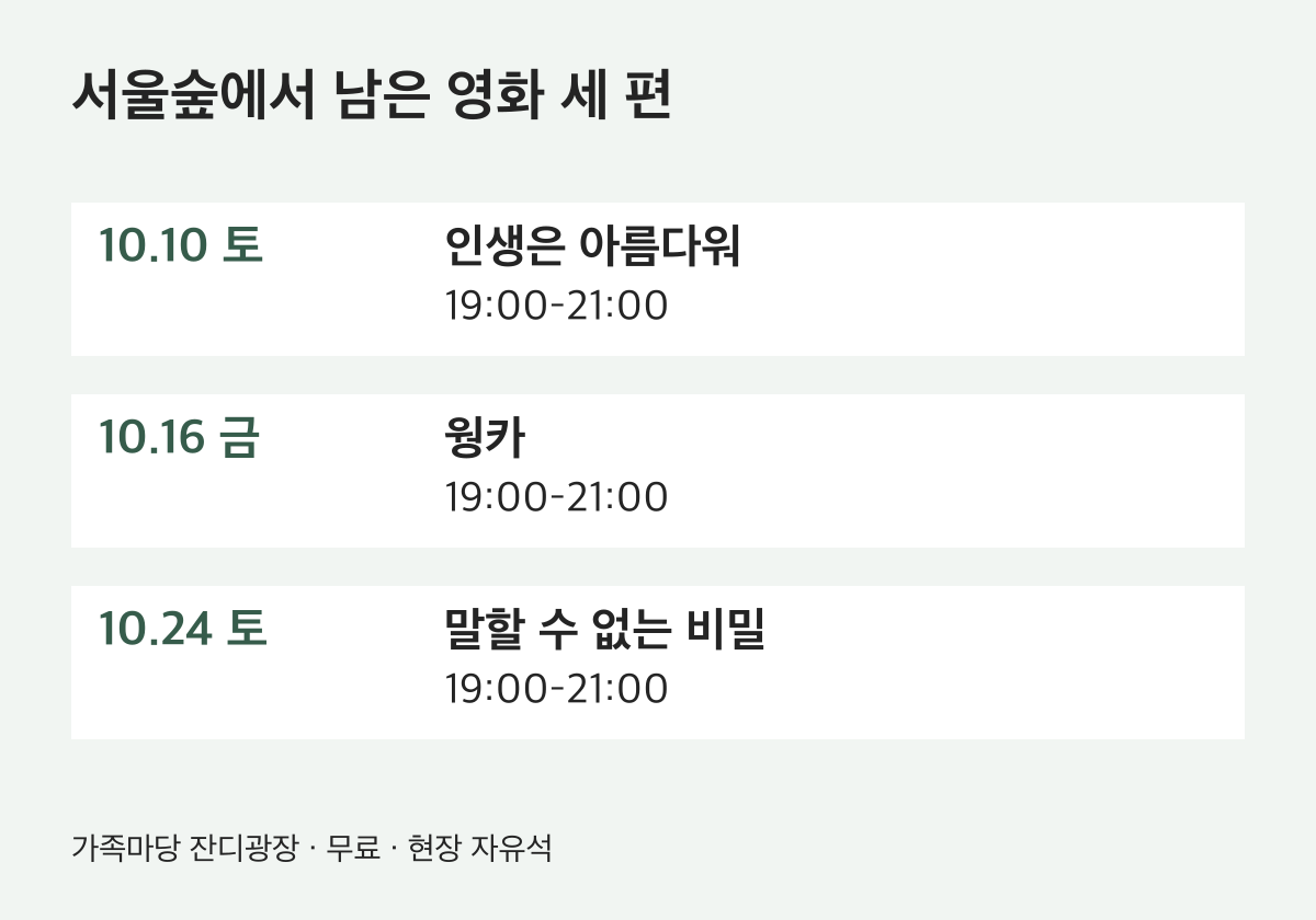 10.10 토 인생은 아름다워 19:00–21:00 / 10.16 금 웡카 19:00–21:00 / 10.24 토 말할 수 없는 비밀 19:00–21:00