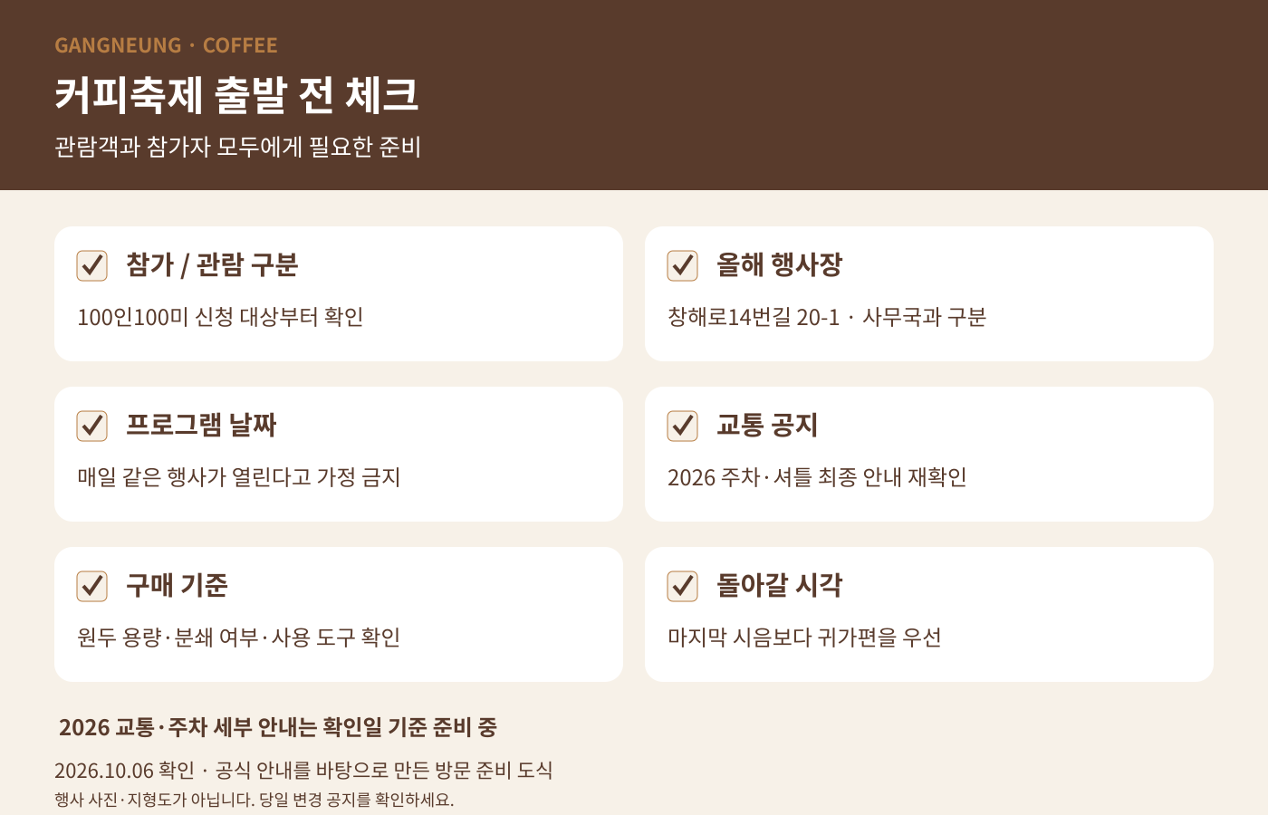 출발 전 확인할 모집 대상, 당일 프로그램, 교통, 구매 예산 체크리스트