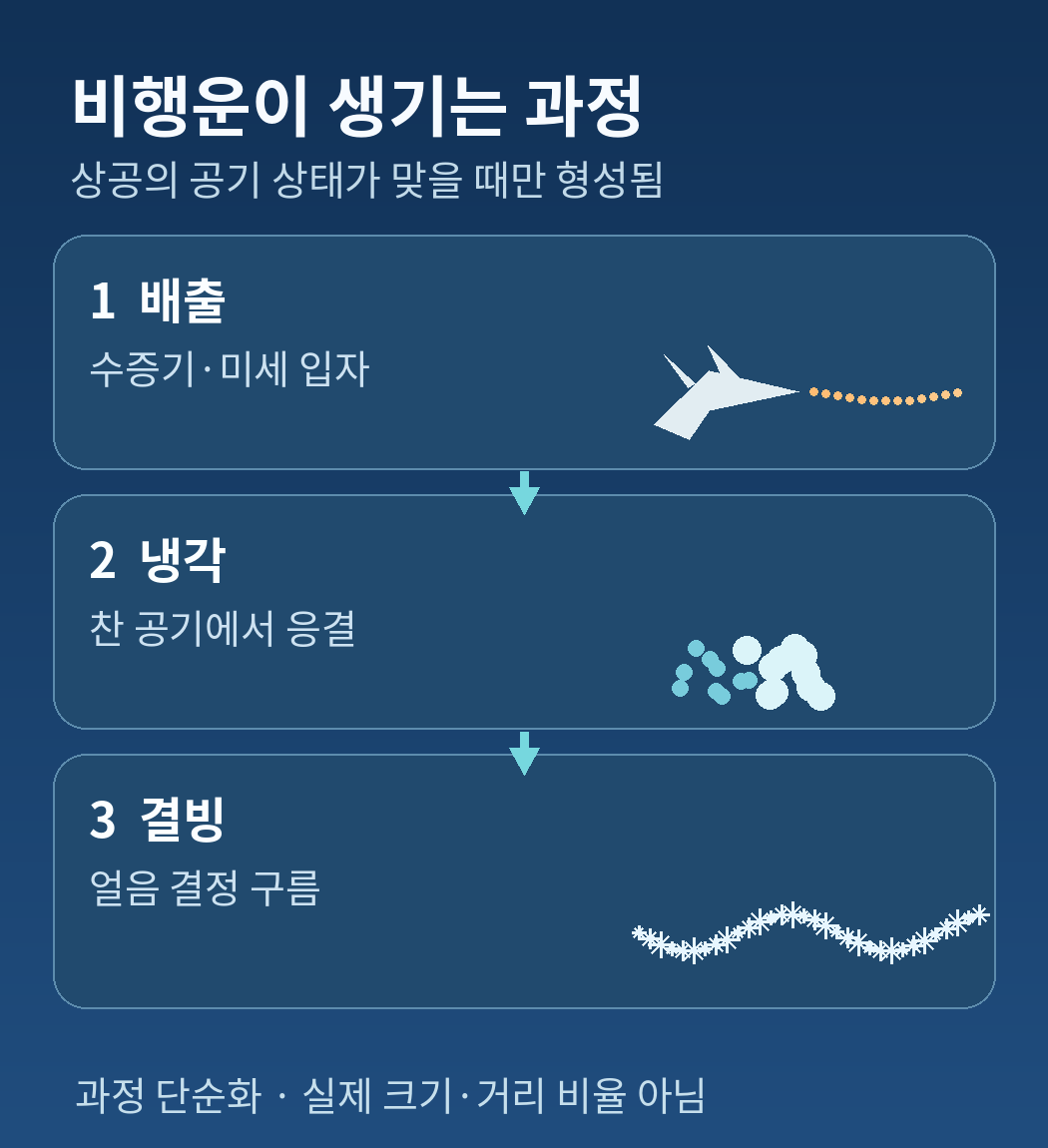 제트 배기가스가 냉각·응결·결빙하여 흰 얼음 결정 흔적을 만드는 과정