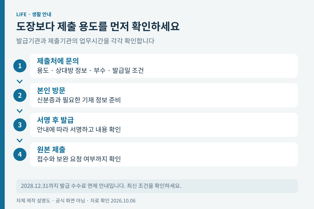 제출처 확인 본인 방문 서명 발급 원본 점검의 순서