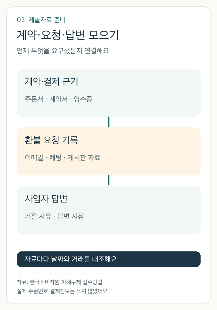 계약 및 결제 근거, 환불 요청 기록, 사업자 답변의 세 종류 증빙을 분리한 자체 카드
