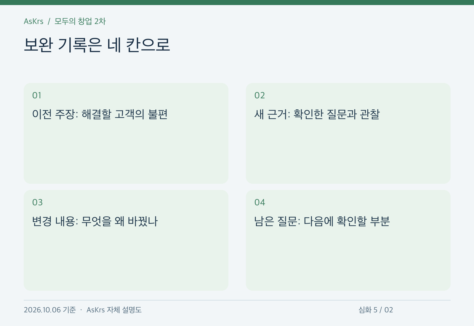 이전 주장, 새 근거, 변경 내용, 남은 질문으로 아이디어 보완 기록을 정리하는 AsKrs 자체 제작 메모 도해