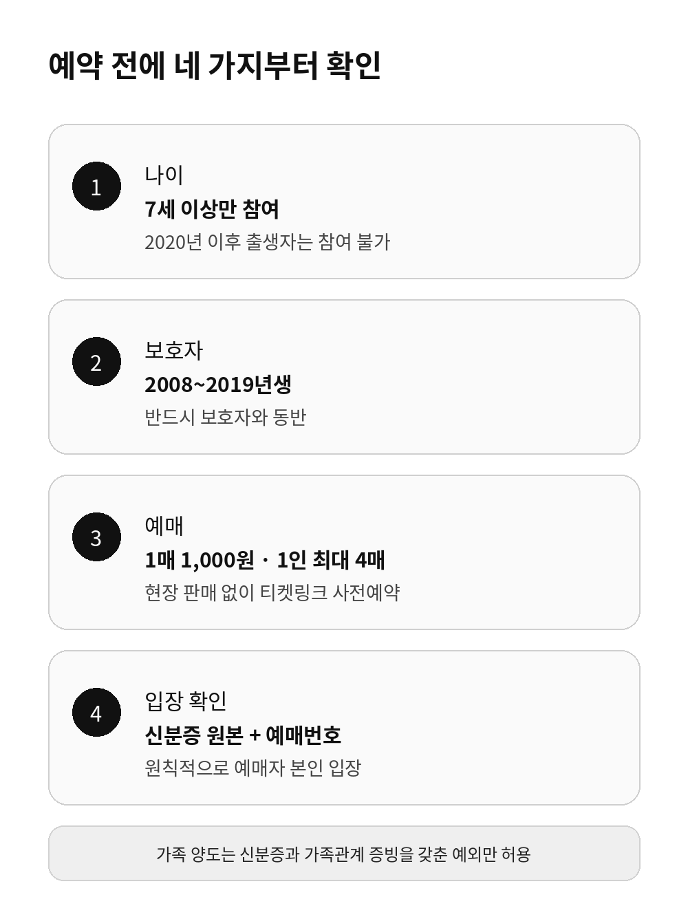 물빛연화 예약 전 연령, 보호자, 예매 수량, 본인 확인 조건