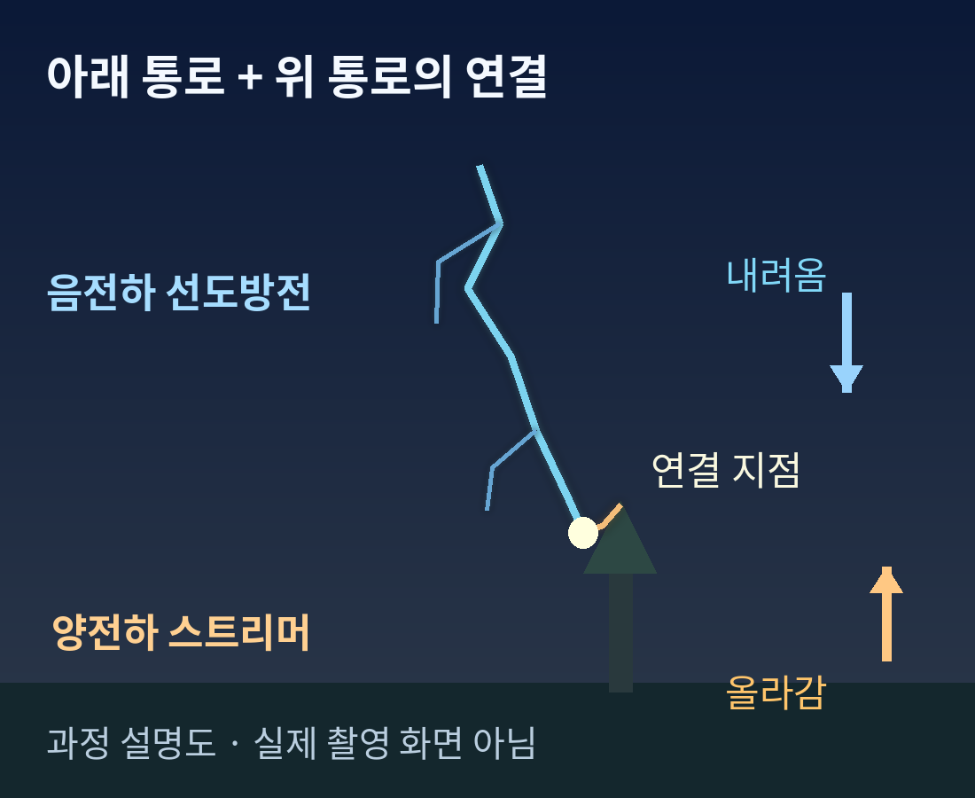아래로 뻗는 음전하 선도방전과 지상에서 올라온 양전하 스트리머가 만나는 위치