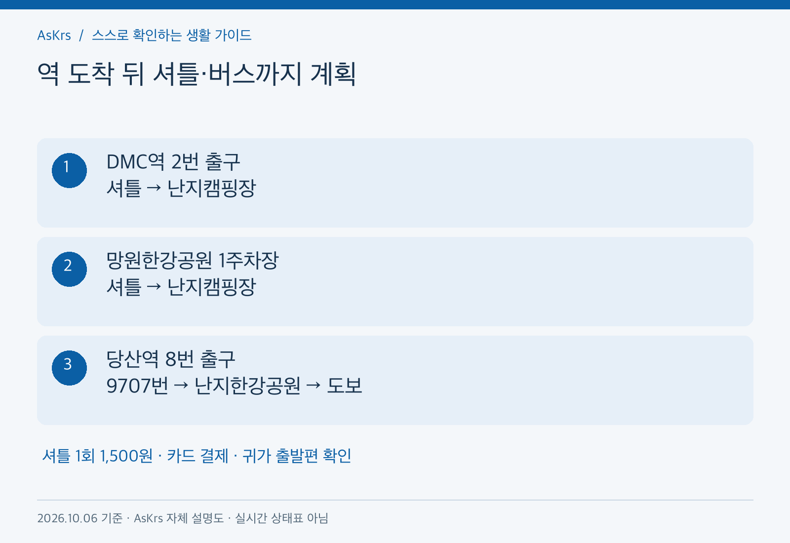 난지캠핑장에 가는 두 셔틀 경로와 당산역 버스 경로를 구분한 교통 선택 도해