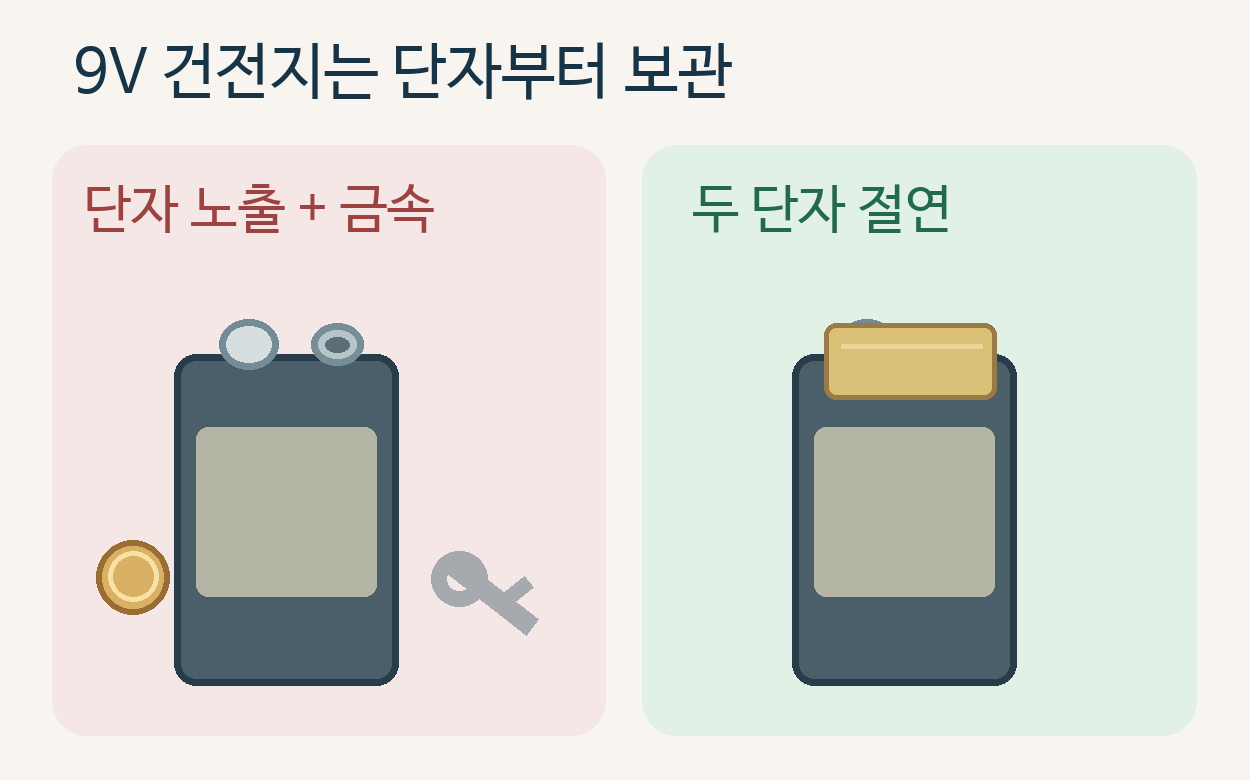 노출된 9V 두 단자와 테이프로 덮은 단자