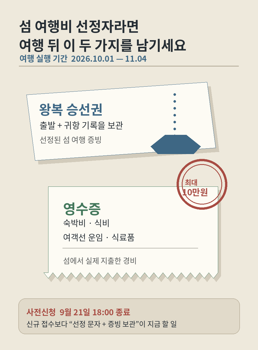 2026년 섬 여행비 지원 선정자가 여행 후 보관해야 할 왕복 승선권과 숙박비·식비·여객선 운임·식료품 영수증을 보여주는 체크 그림