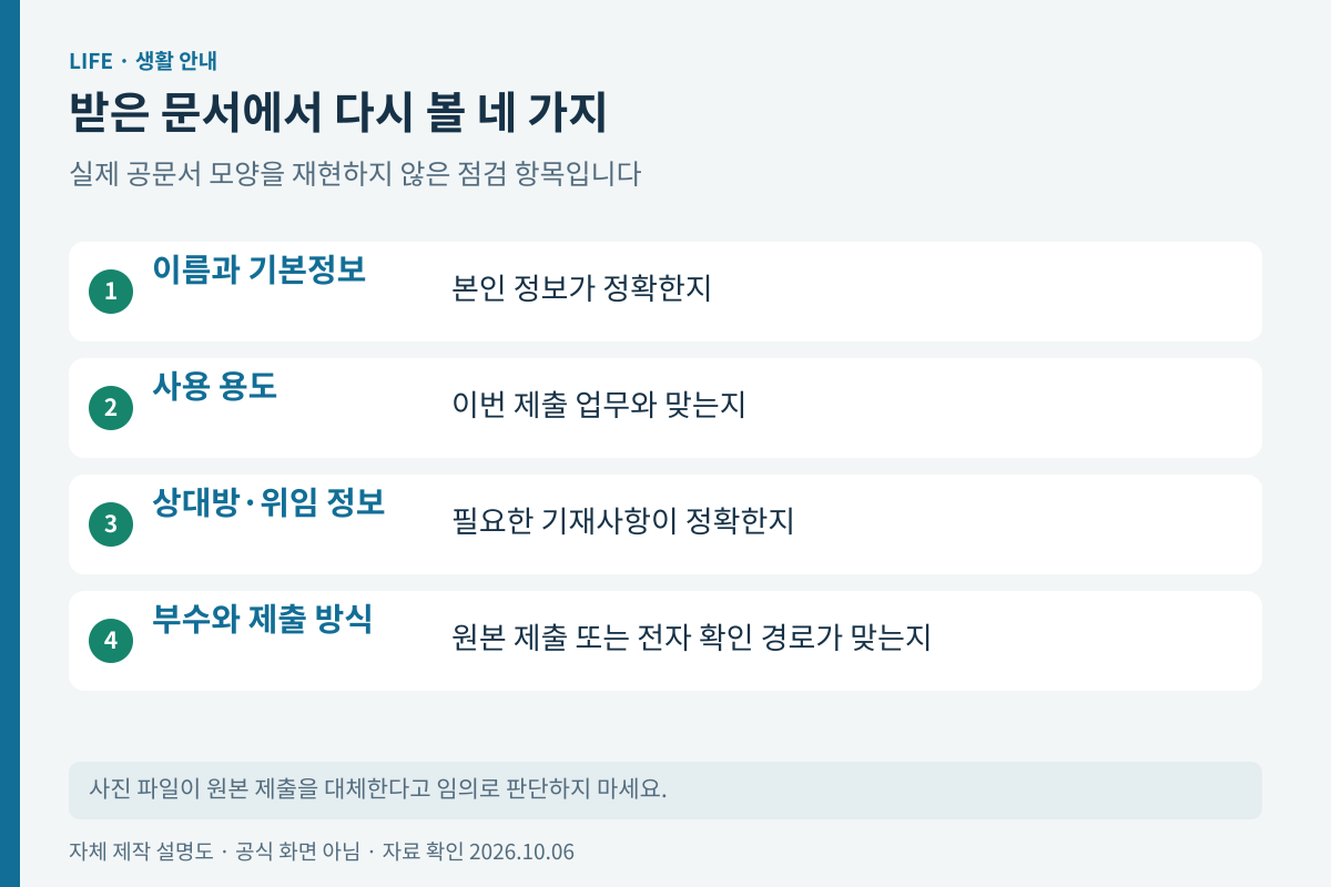 발급받은 문서에서 확인할 이름 용도 상대방 부수