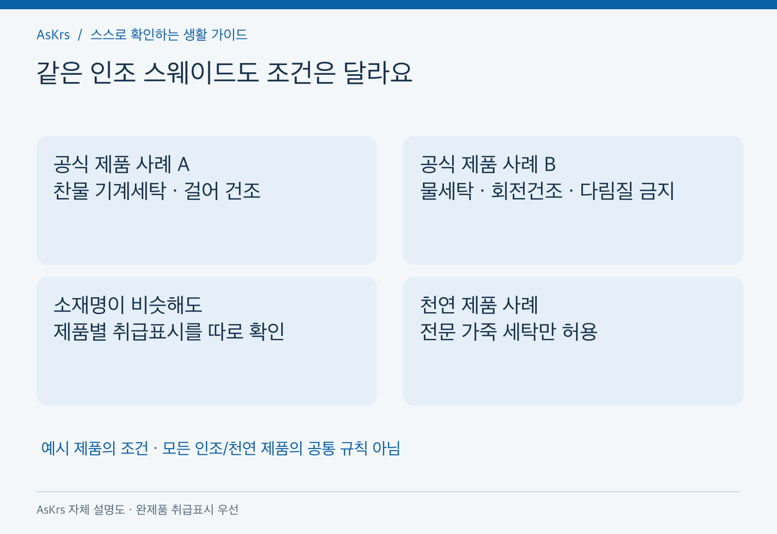 인조 스웨이드 제품의 물세탁 허용과 금지 사례를 비교하고 천연 제품의 전문 가죽 관리 조건을 구분한 도해