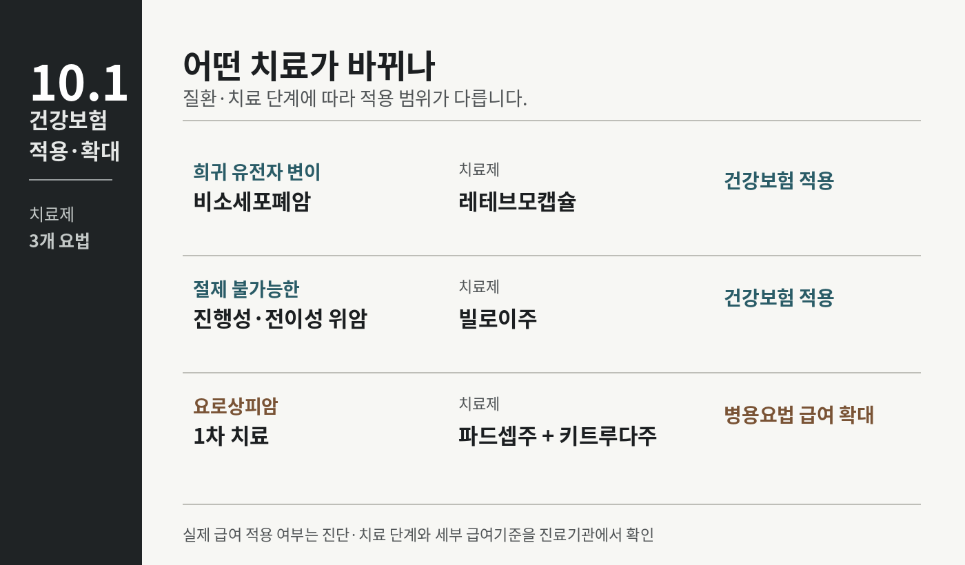 10월 1일부터 희귀 유전자 변이 비소세포폐암 레테브모캡슐, 진행성 전이성 위암 빌로이주, 요로상피암 1차 파드셉주와 키트루다주 병용요법의 건강보험 적용 변화를 질환별로 정리한 표