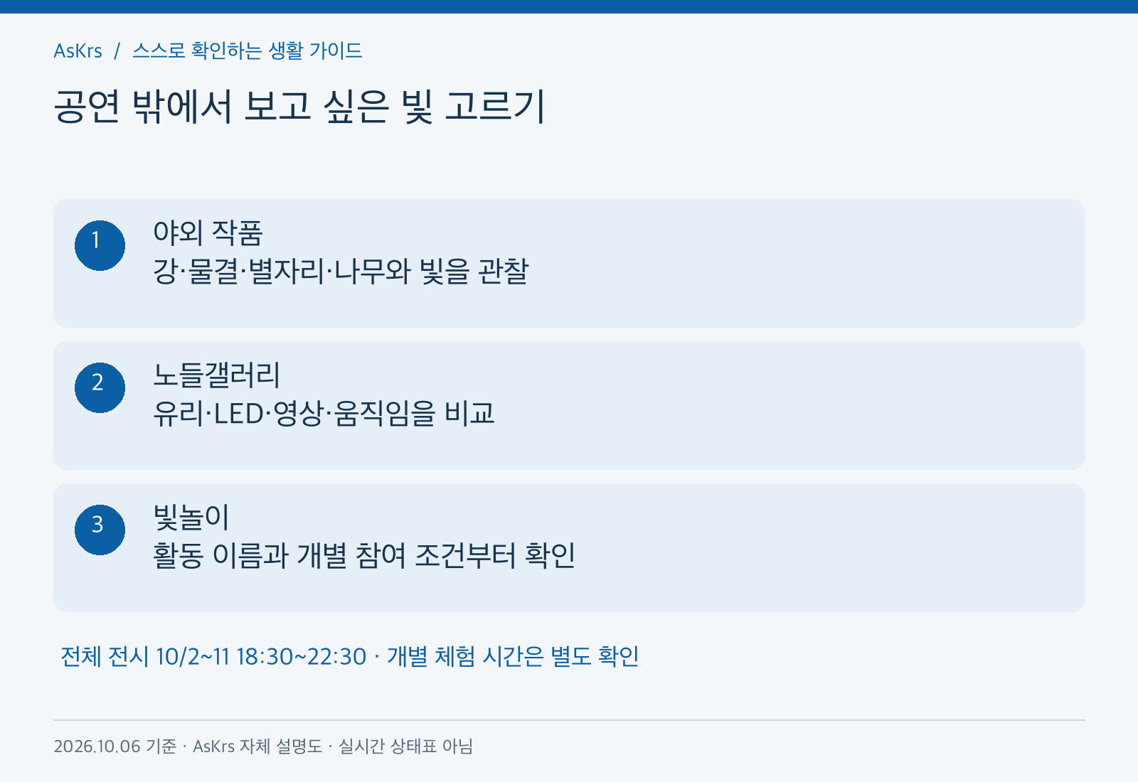 빛섬축제 야외 작품, 노들갤러리, 빛놀이의 선택 기준을 나눈 자체 설명도