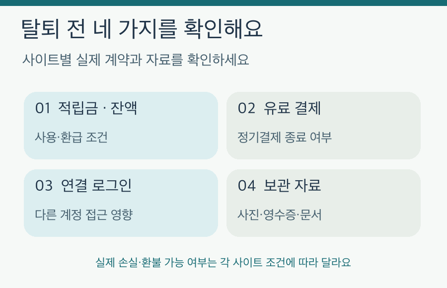 탈퇴 전 적립금·정기결제·연계 로그인·보관 자료 확인 체크리스트