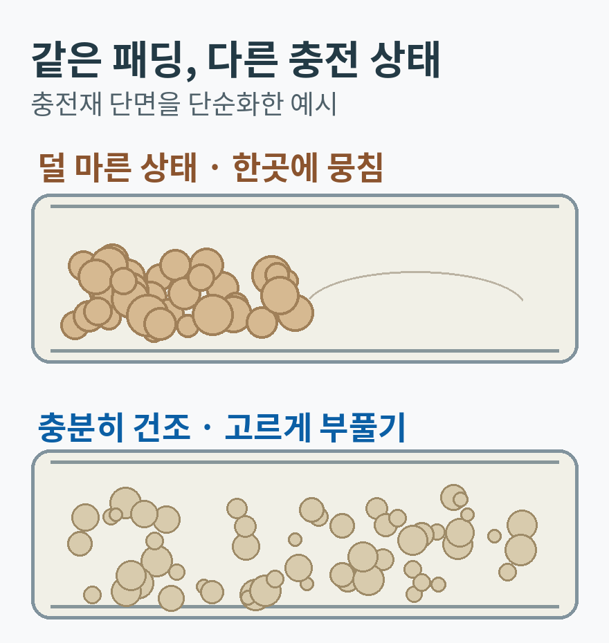 덜 마른 뭉친 다운과 고르게 부푼 충전재 단면 비교