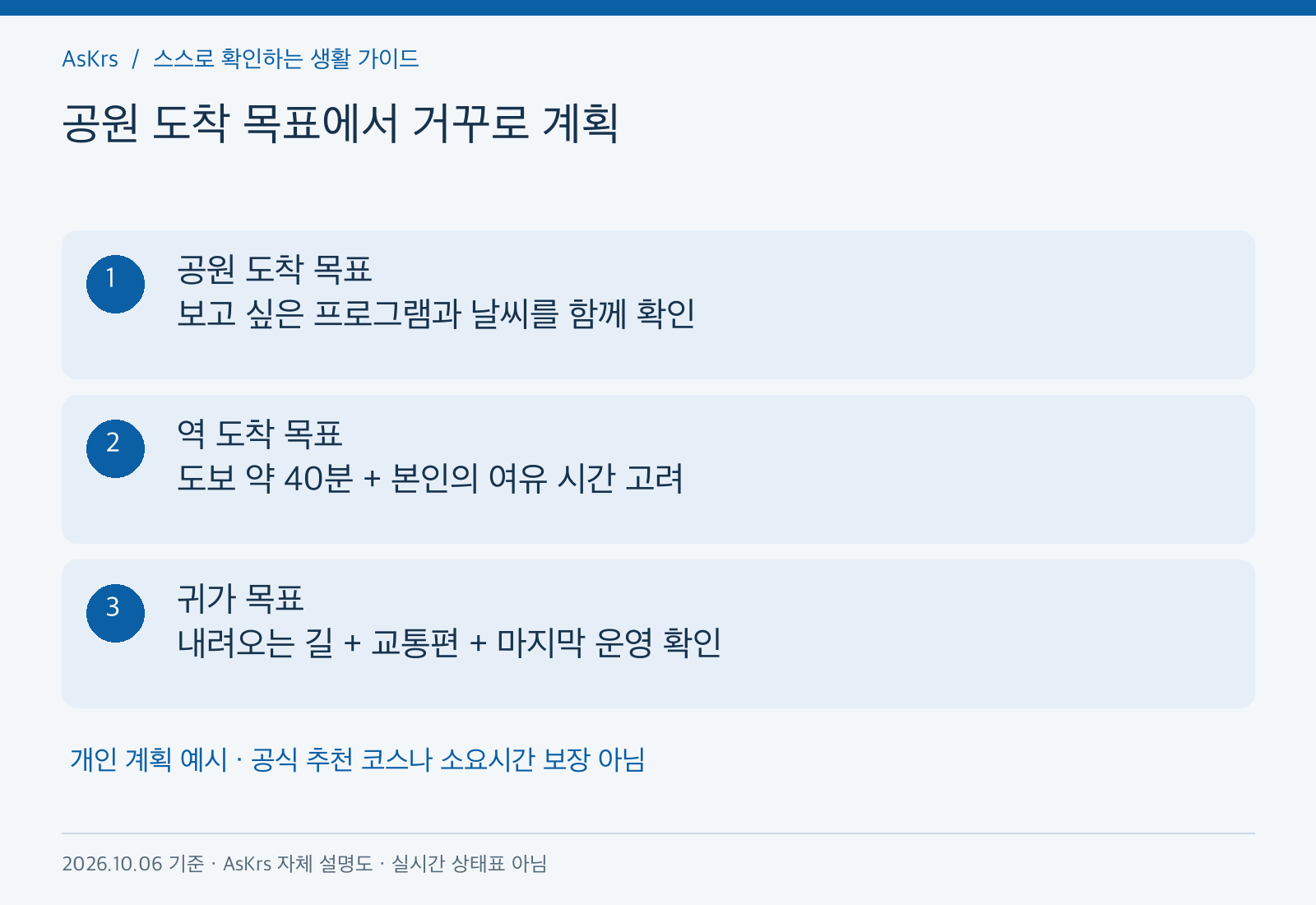 하늘공원 도착 목표에서 역 도착과 귀가 교통편을 거꾸로 계획하는 나들이 일정 도해